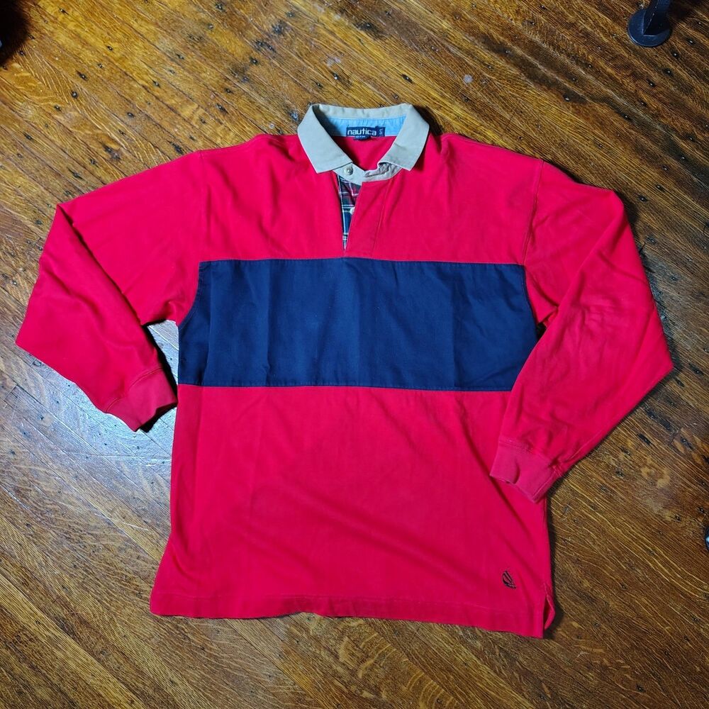 VTG Nautica Rugby Polo Shirt Mens Colorblock Old Money 100%Cotton Preppy/T721
